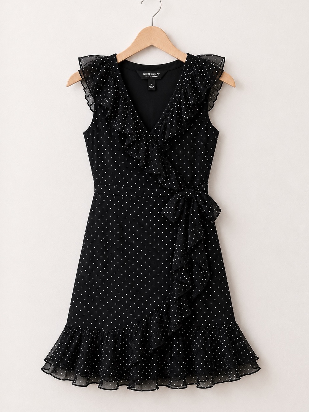WHBM Black And White Polka Dot Ruffle Trim Wrap Belted Sleeveless Mini Dress